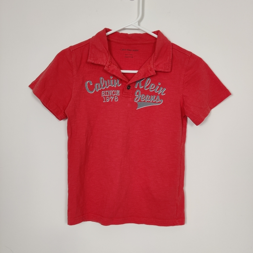 Calvin Klein Jeans Boy's Polo T-shirt in Red Size 8 Spell Out 100% Cotton